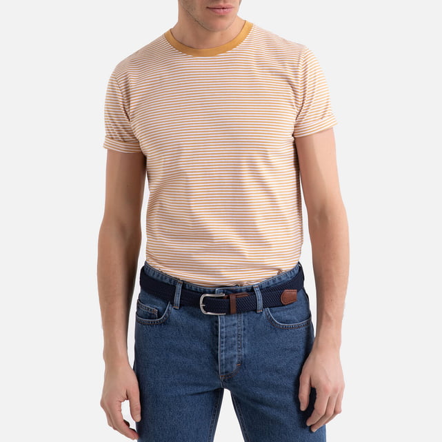 T-shirt Manches Courtes Col Rond Rayé Pour Homme - Personnalisable, Coton, Coupe Classique