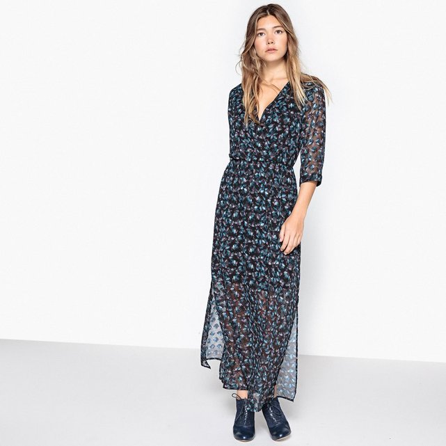 Robe longue imprimée, cache cœur imprimé bleu/fond noir La ...