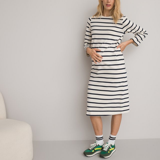 Robe mariniere de grossesse longueur midi raye bleu beige La Redoute Collections La Redoute