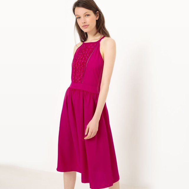 Robe droite uni mi-longue, manches courtes rose fuchsia ...