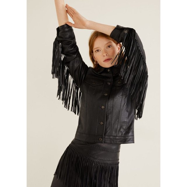 Veste 100 cuir franges noir Mango La Redoute