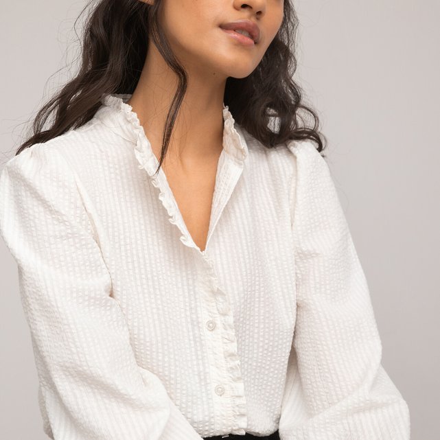 Organic cotton denim shirt with ruffled victorian collar and long sleeves  La Redoute Collections
