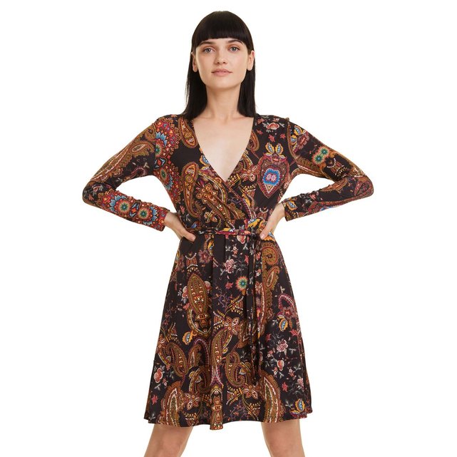 Robe cira courte évasée coupe cache-cœur noir Desigual ...