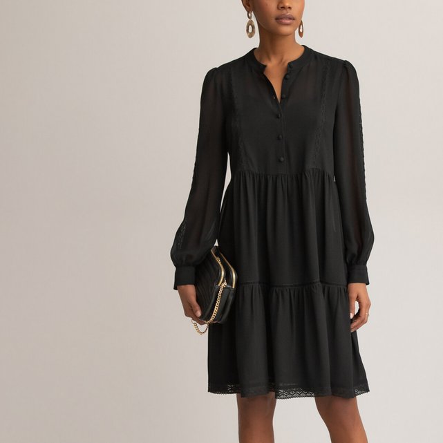 Robe col rond manches longues volantée noir La Redoute Collections | La  Redoute