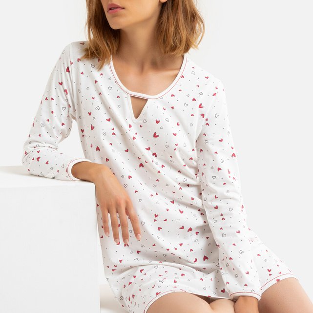 Latte Printed Cotton Nightshirt Print Ecru Background Le Chat La Redoute