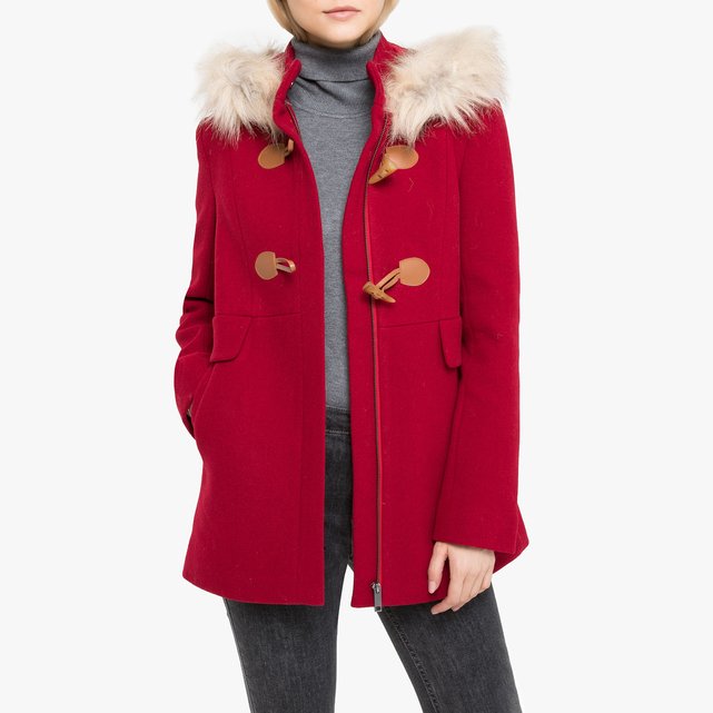 Hooded duffle coat with faux fur trim and pockets , red, La Redoute ...