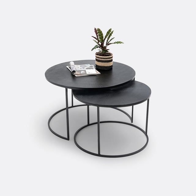 Table Basse Ronde 80cm Avec Rangement - Porte Coulissante Design Cannelé, Style Ferme Moderne En Finition Noyer