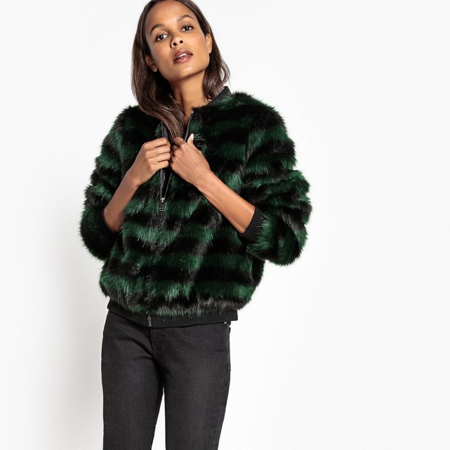 Image Striped Faux Fur Bomber Jacket La Redoute Collections