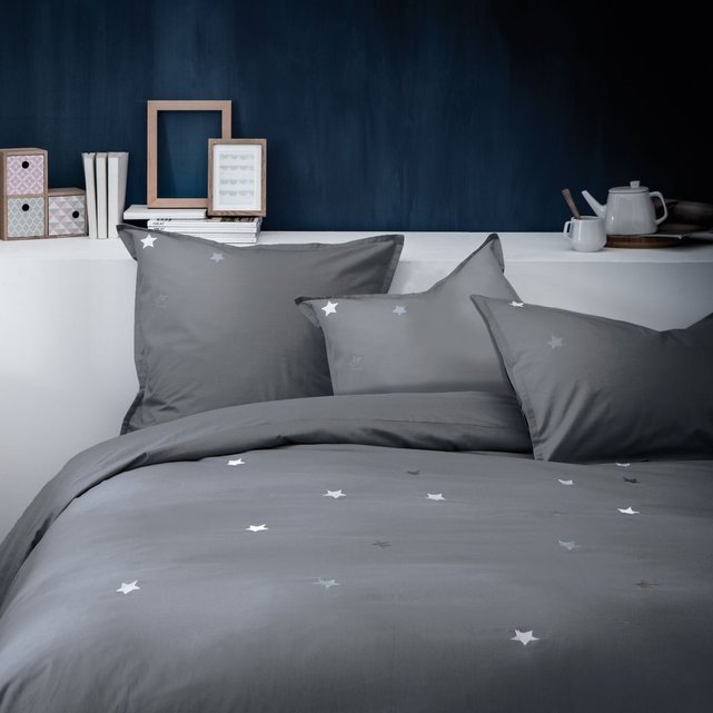 Parure De Lit Brodee 100 Coton Douce Nuit Gris Ardoise Matt Et Rose La Redoute