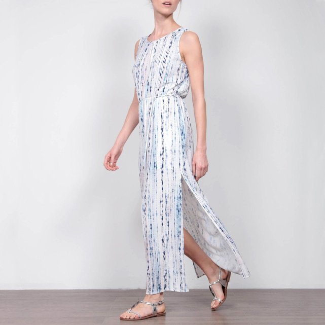 Robe longue, sans manches, à nouer à la taille blanc/bleu ...