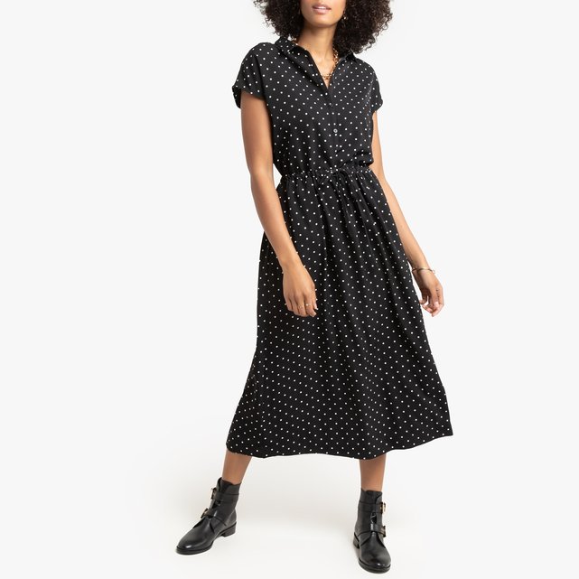Polka dot shirt dress with tie-waist , polka dot print/black background ...