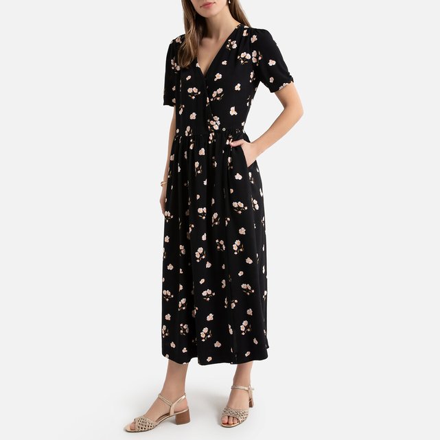 Floral wrapover midaxi dress with short sleeves and pockets , floral ...