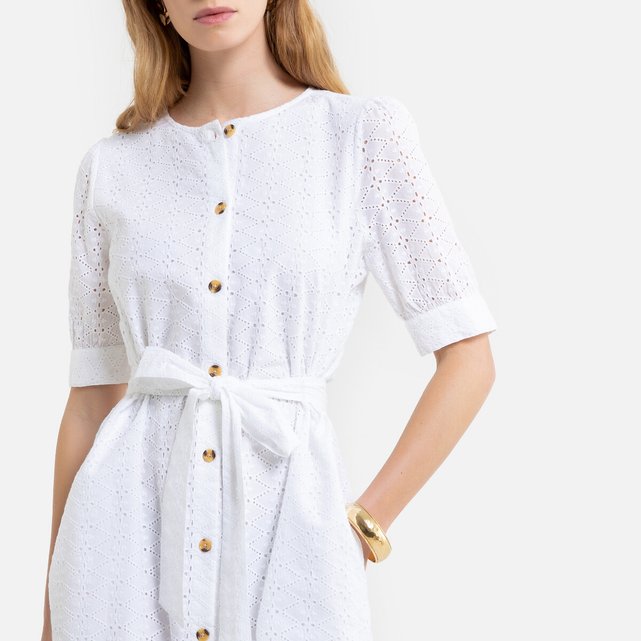 Beautiful White Shirt Dress With Nude Accessories