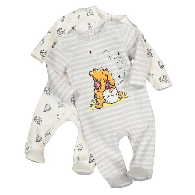 Lot 2 Pyjamas 0 12 Mois Ecru Gris Chine Winnie L Ourson La Redoute