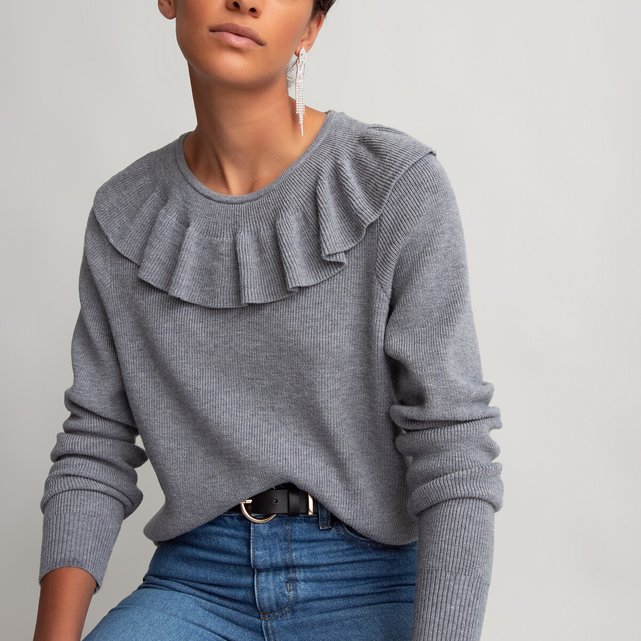 Camisola com gola redonda com folho, em malha fina  LA REDOUTE COLLECTIONS image 0