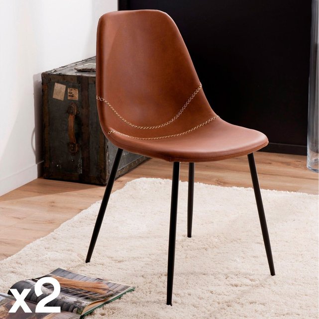 Lot de 2 chaises effet couture apparente en métal et tissu marron 43x54x81cm tim marron Pier