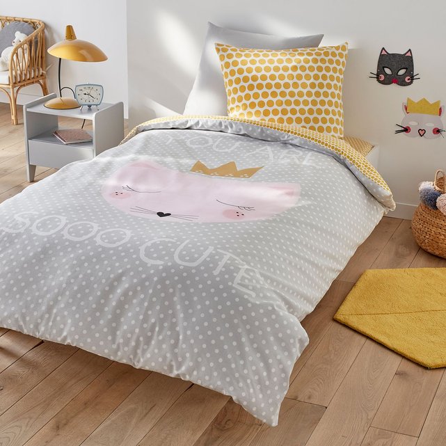 Housse De Couette Pur Coton Chat Cute Gris Jaune La Redoute Interieurs La Redoute