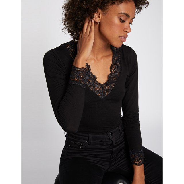 Long-sleeved lace shirt , black, Morgan | La Redoute