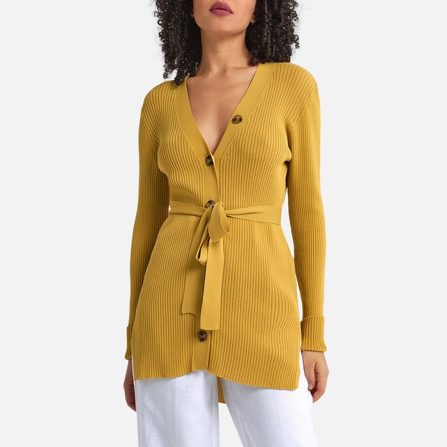 Gilet Col V Ceinture En Maille Cotelee Jaune Ocre La Redoute Collections La Redoute