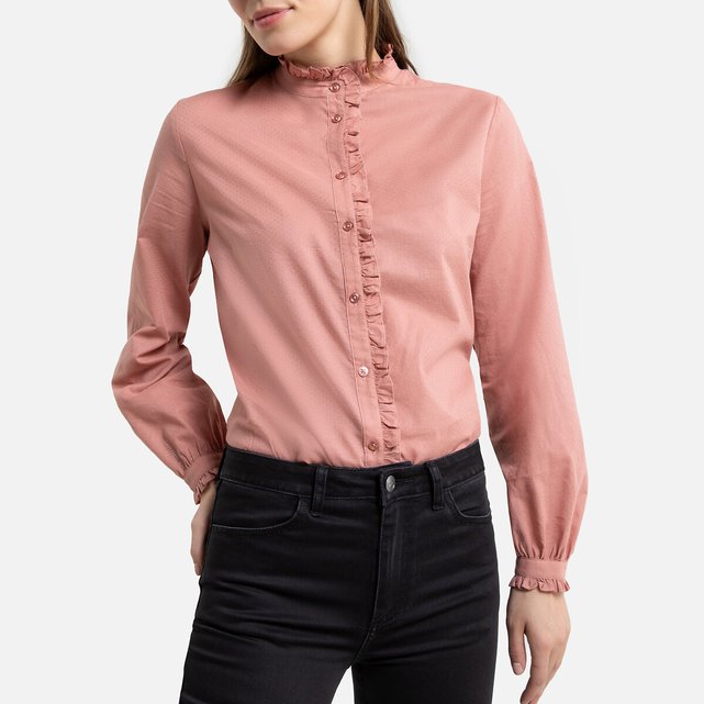 pink ruffle neck blouse