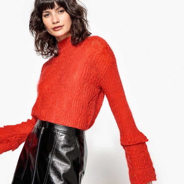 Pull col roulé, manches trompettes, mohair orange La ...
