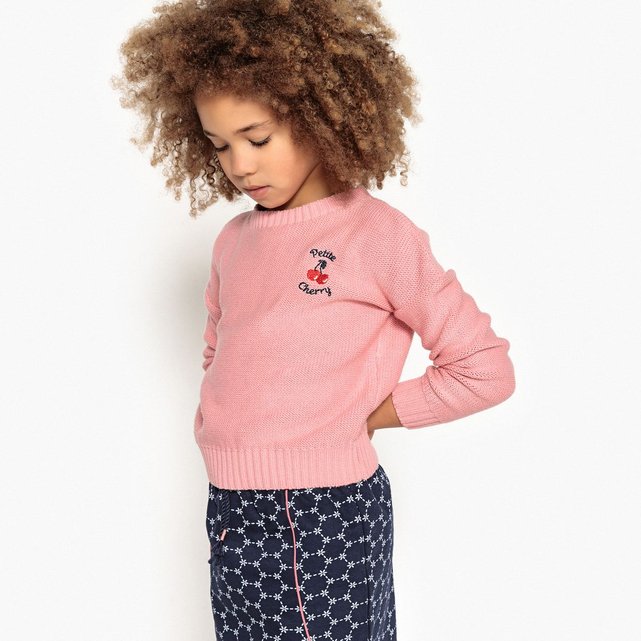 Pull broderie "petite cherry" 3-12 ans rose chiné La ...