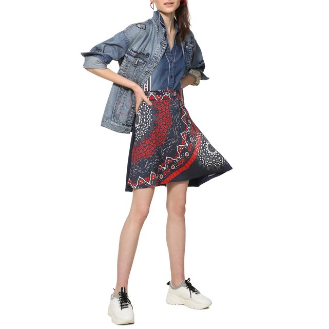 Draping Graphic Print Flared Skirt Blue Print Desigual La Redoute