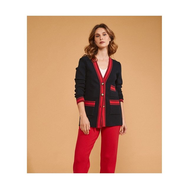 Veste longue en maille tricotée en france bleu marine Veste femme Devernois Veste saharienne bleue marine