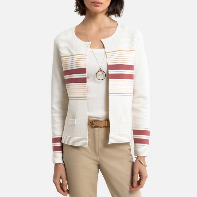 Cardigan Mit Rundem Ausschnitt Und Knopfleiste Feinstrick Gestreift Grund Cremeweiss Anne Weyburn La Redoute