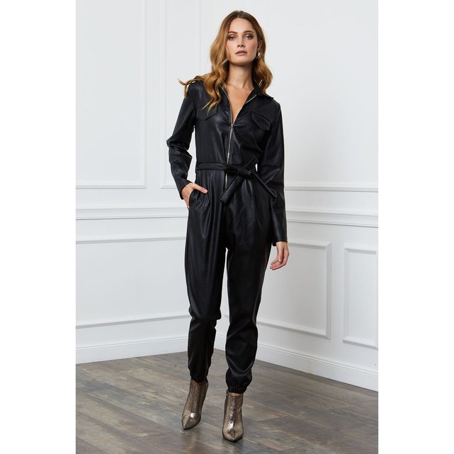 wwp Combinaison en Similicuir pour Femme en Cuir sans Manches Zipper Party Black