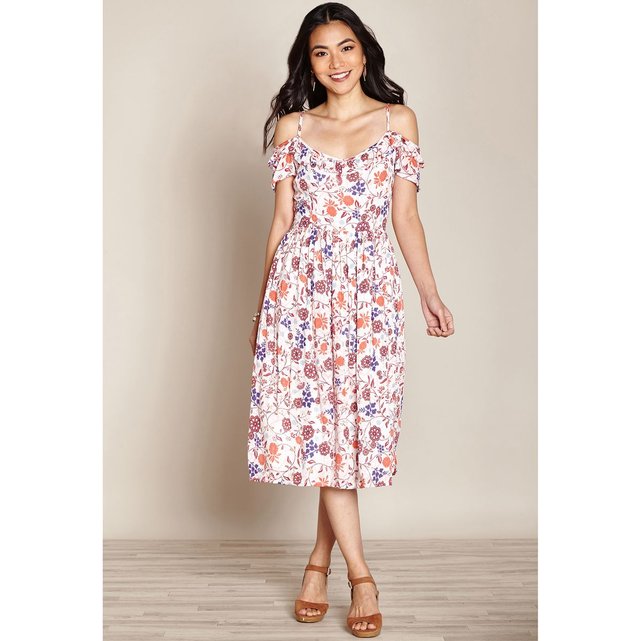 Robe évasée longueur sous genou à fines bretelles imprimé fleurs fond blanc cassé Yumi La Redoute