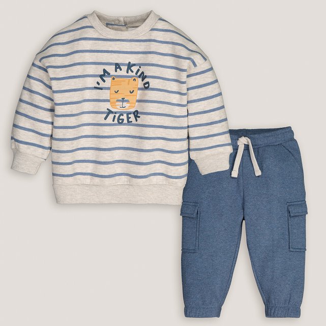 Sweatshirt/joggers outfit in cotton mix, ecru + blue, La Redoute