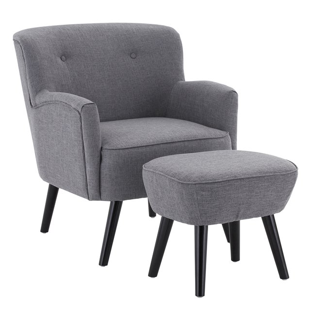 Armchair & footstool in grey fabric with rubberwood legs , grey