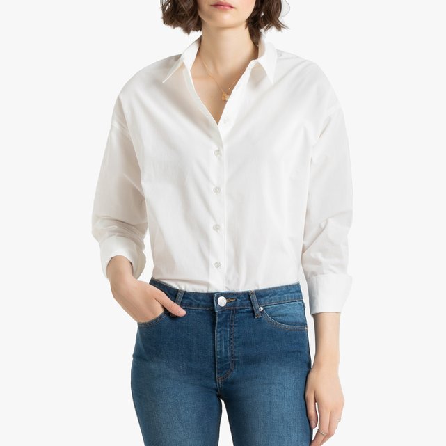 Camisa De Popelina De Algodon De Manga Larga Blanco La Redoute