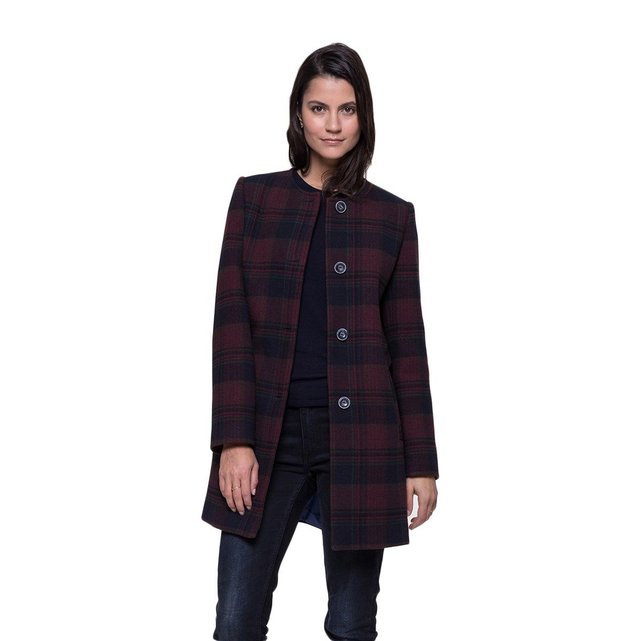 Manteau sans col en lainage à carreaux bordeaux Trench And Manteau sans col | La Redoute