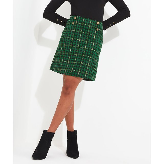 Dark Green Tartan Check Tweed Frayed Below-the-Knee Sack Skirt | Thom Browne