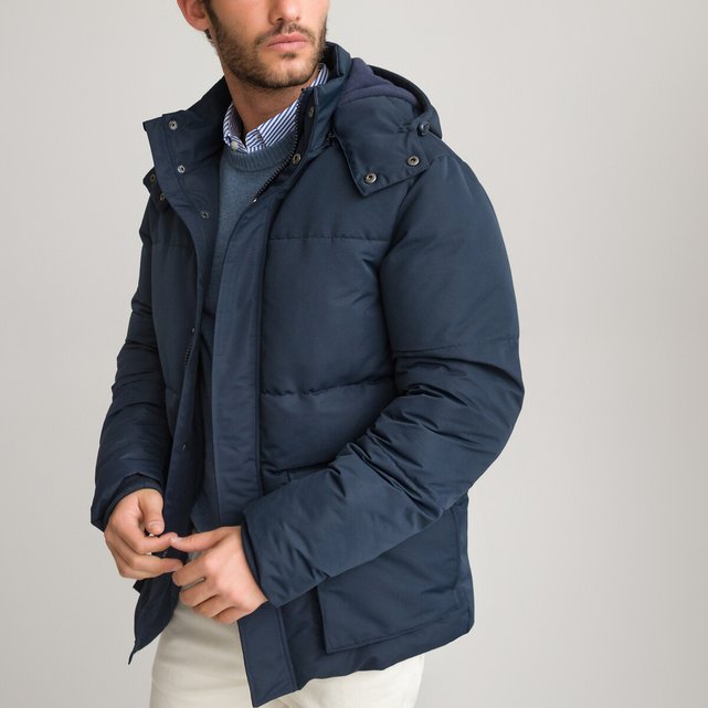 Short winter padded jacket with hood and recycled lining navy blue 