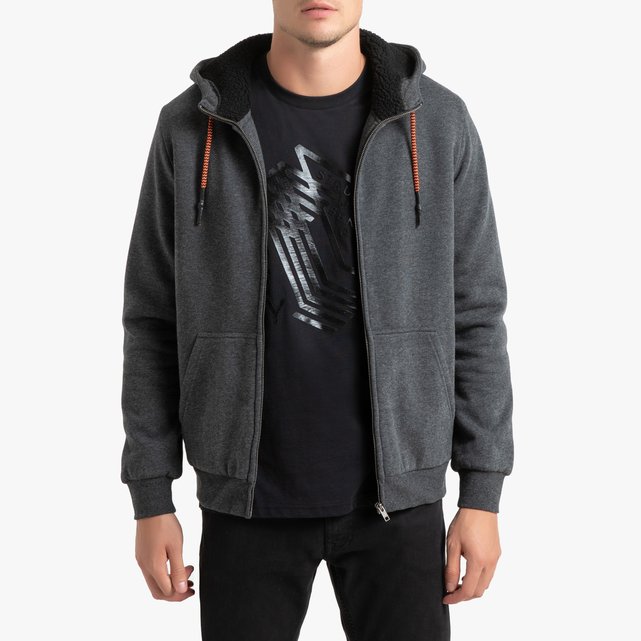 Sudadera con forro efecto borreguillo, con cremallera y capucha gris oscuro jaspeado La Redoute Sudadera con forro efecto borreguillo, con cremallera y capucha gris oscuro jaspeado La Redoute