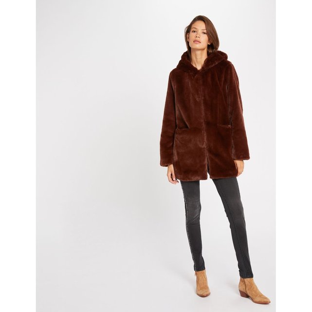 Manteau droit imitation fourrure Morgan | La Redoute Manteau avec capuche imitation fourrure marron femme | Morgan