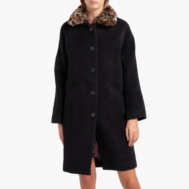 Ebony long buttoned coat with faux fur leopard collar , black, Suncoo ...