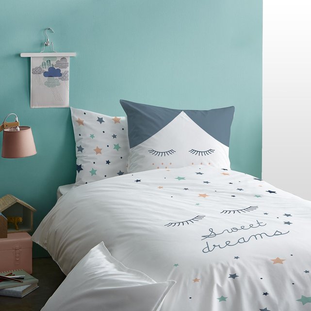 Housse de couette enfant blanc, bleu - 100% coton matt et ...