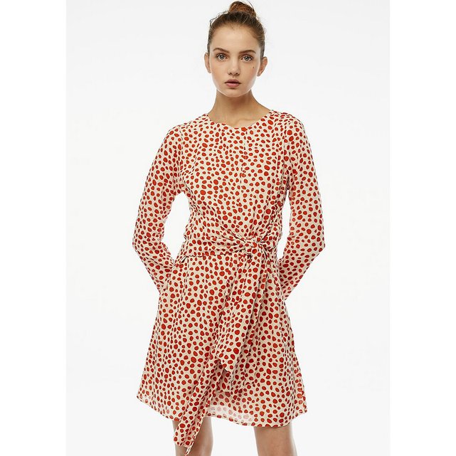 Vestido Corto De Lunares Con Manga Larga Y Cinturon Crudo Rojo
