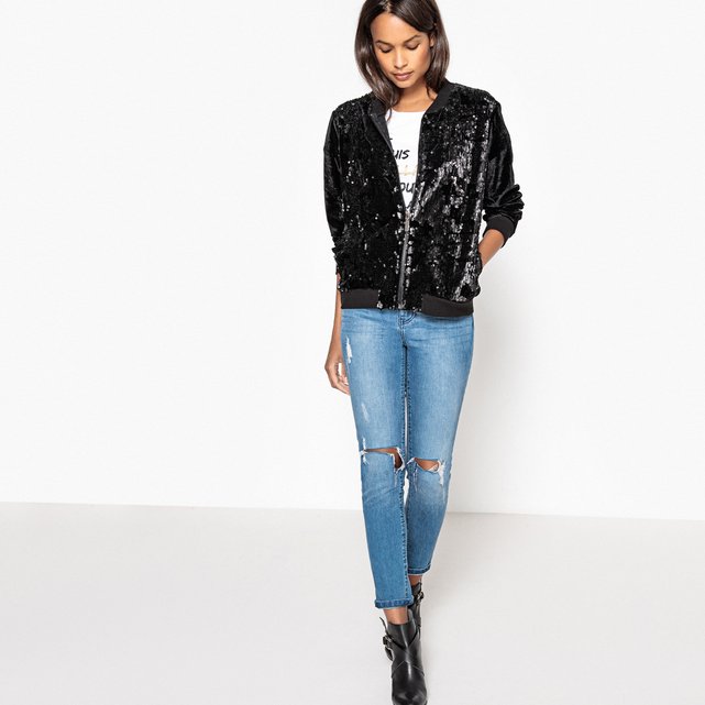 Image Velour Bomber Jacket with Sequin Pattern La Redoute Collections