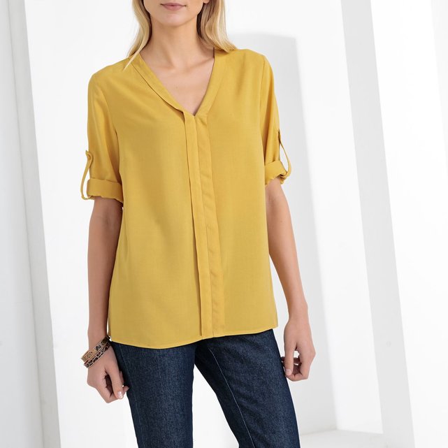 Blouse unie col v, toile fluide jaune mais Anne Weyburn ...