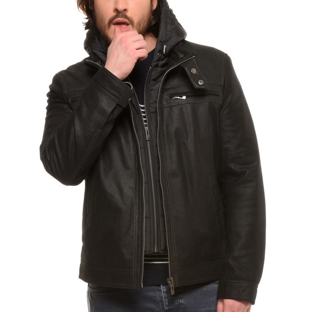 Blouson cuir capuche doublure matelassée amovible noir ...