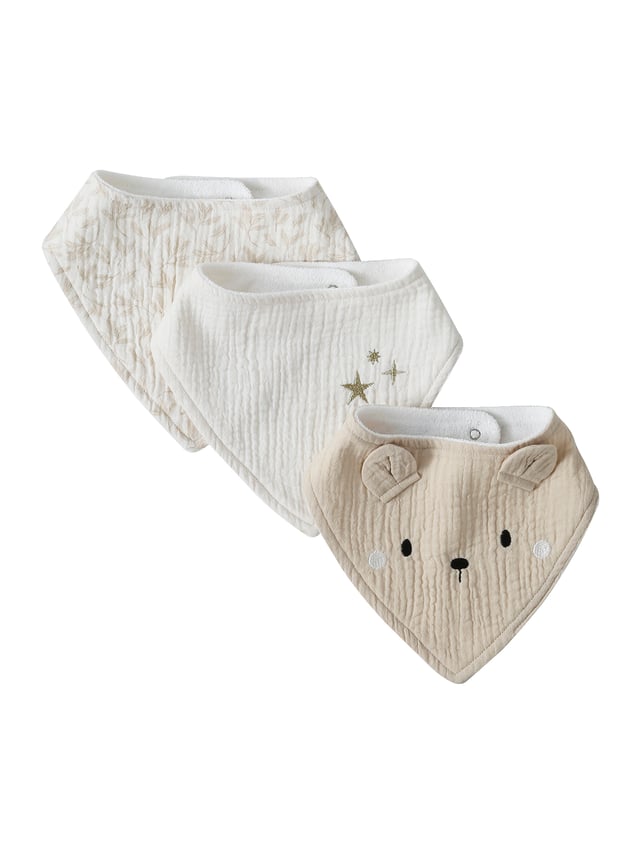 3 Bavoirs Bandanas Vertbaudet - Gaze De Coton - Fermeture Pressions - Blanc - 23x17,5 Cm - Lavable Machine