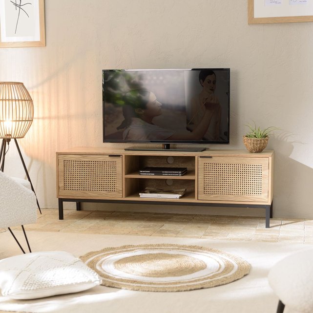 Meuble tv 120cm en bois avec cannage rotin 3 tiroirs style vintage palma  Couleur bois naturel Pier Import