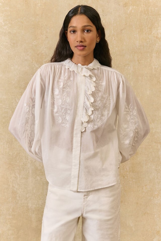 Cora embroidered blouse with ruffled peter pan collar and long