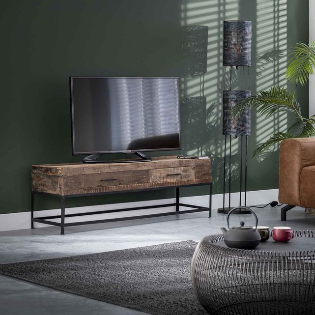 Meuble Tv En Bois Recycle Brut 135cm Avec 2 Tiroirs Et Structure