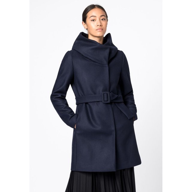 Manteau en laine à col volumineux bleu foncé Hallhuber | La Manteau en laine avec ceinture bleu nuit Mango | La Redoute